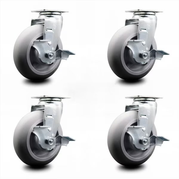 6 Inch Thermoplastic Rubber Swivel Caster Set with Roller Bearings and Brakes, Service Caster, Mfr#: SCC-20S620-TPRRD-TLB-4